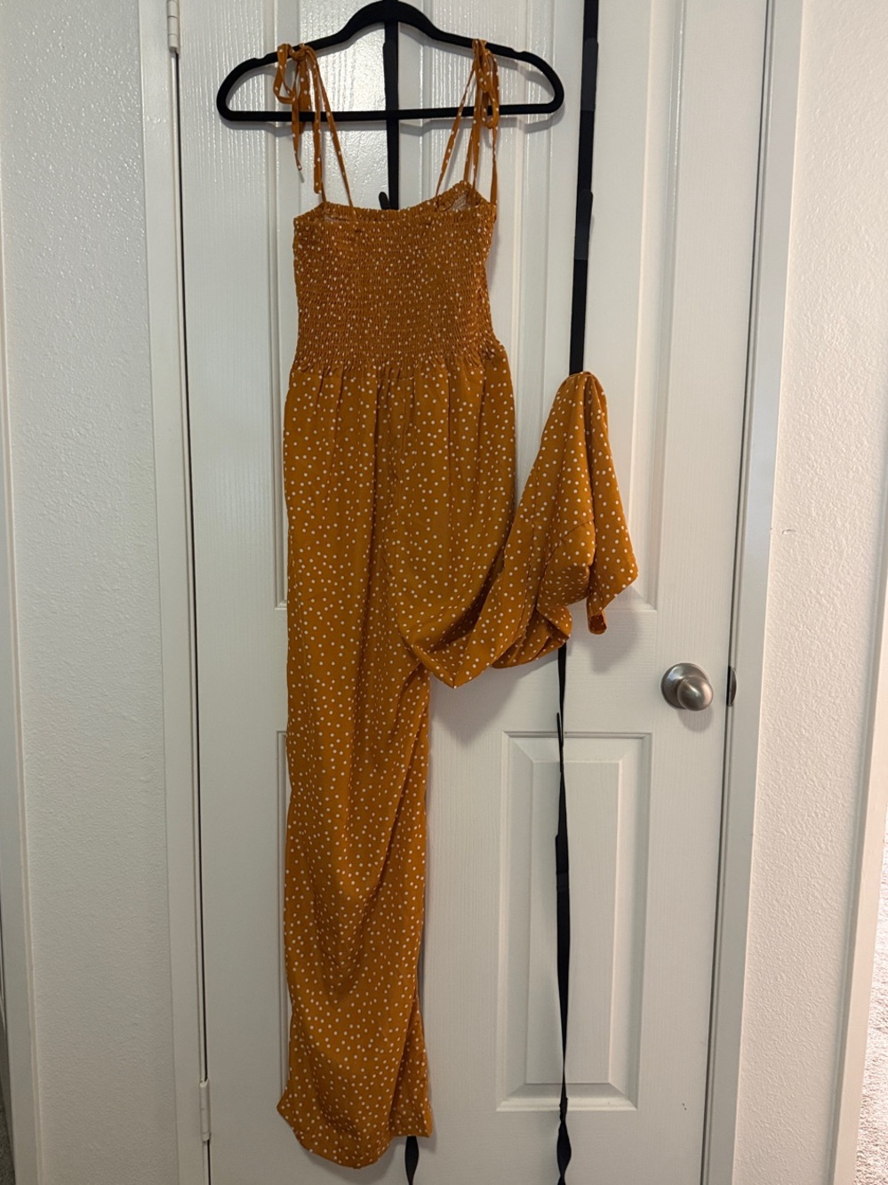 SHEIN Mustard Polka Dot Tie-Strap Jumpsuit